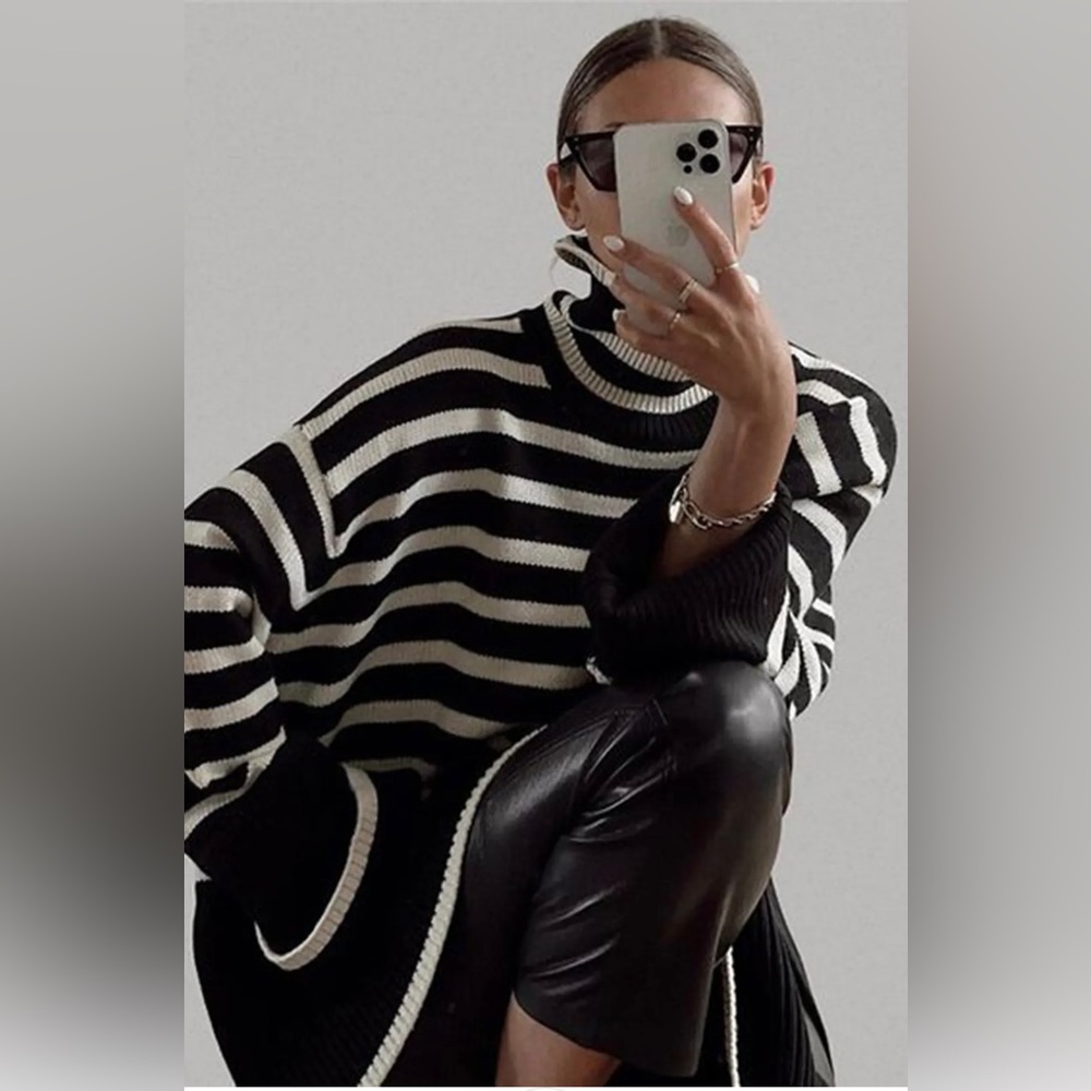Black Roll Neck Striped Ribbed Sweater